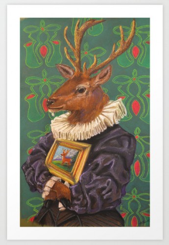 A deer in Dutch lace ruff and puffy sleeves holding a painting of a deer
