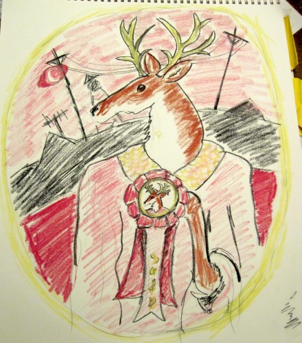 Sketch of a deer holding an award ribbon against the Welcome to Night Vale logo background